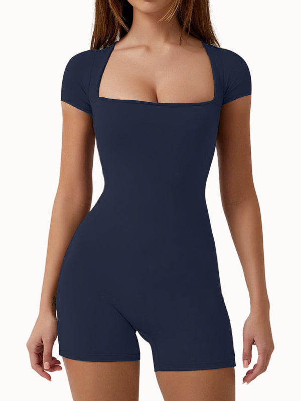 Tight Playsuits- Solid Tight Playsuit for Women - Short Sleeve Unitard Romper- Chuzko Women Clothing