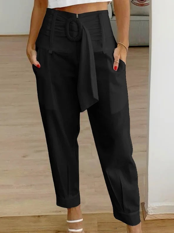 Cottons Linen Tapered Trousers - Cropped Pants with Pockets, Belt Tie Tapered Trousers - Chuzko Women Clothing