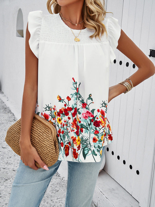 Tops - Blouses- Ruffle and Smocked Accents in our Floral Print Flowy Blouse- Chuzko Women Clothing