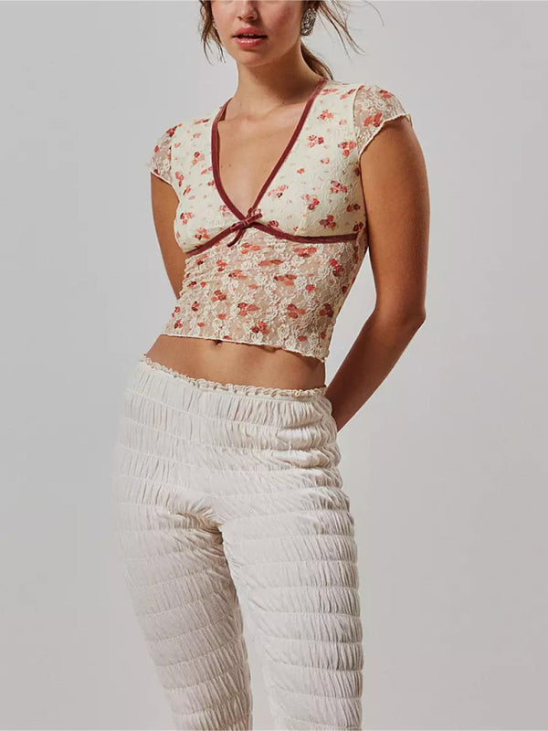 Tops- Floral Lace Tee | See-Through Short Sleeve with Contrast Accent Top- Chuzko Women Clothing
