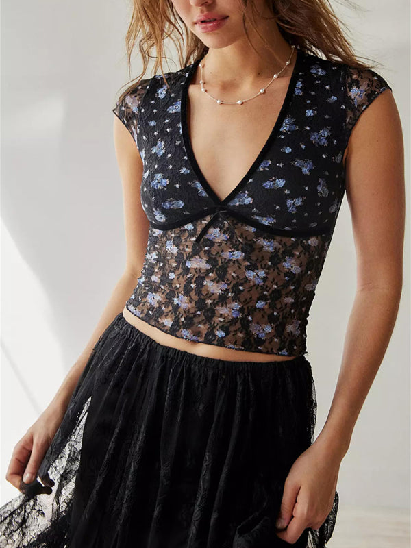 Tops- Floral Lace Tee | See-Through Short Sleeve with Contrast Accent Top- Chuzko Women Clothing