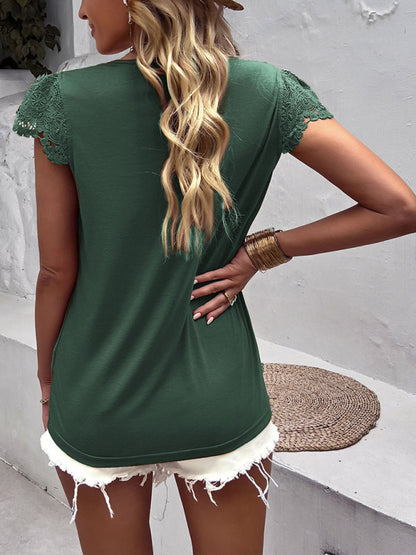 Lace Accented V-Neck Top | Short Sleeve Solid Tee
