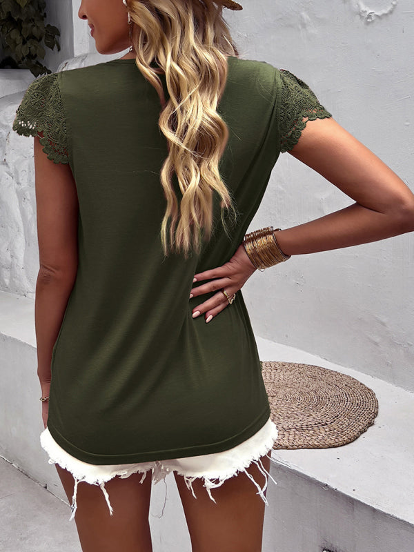 Lace Accented V-Neck Top | Short Sleeve Solid Tee