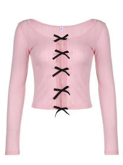 Tops- Long Sleeve Bow Cutout Tee | Lace-Accented Knitted Top- Chuzko Women Clothing