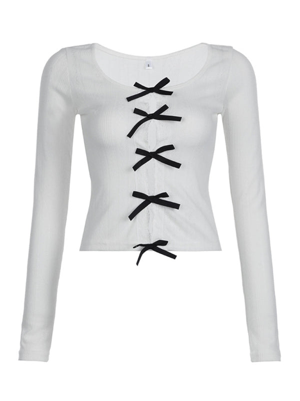 Tops- Long Sleeve Bow Cutout Tee | Lace-Accented Knitted Top- Chuzko Women Clothing