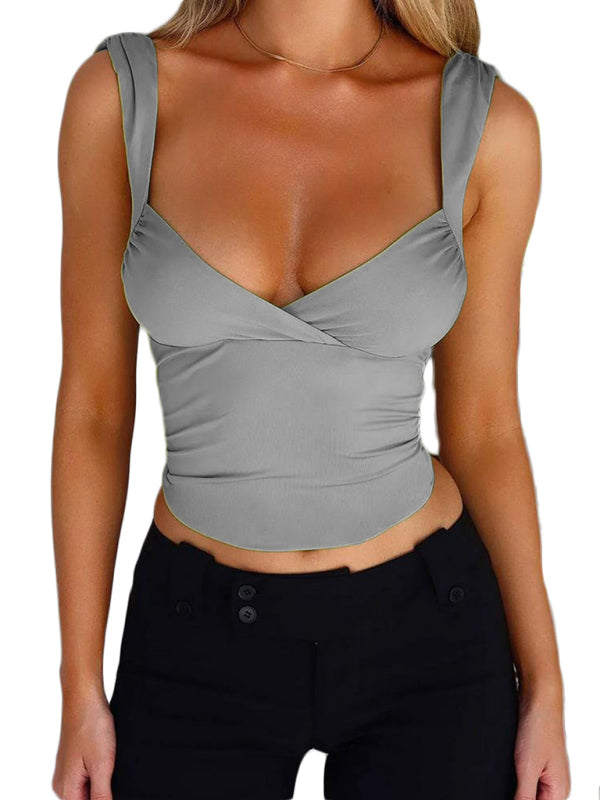 Summer Surplice V-Neck Fitted Top with Tie Back