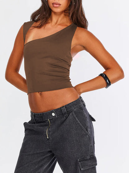 Tops- Women Sculpt Solid Stretchy One-Shoulder Fitted Top- Coffee- Chuzko Women Clothing