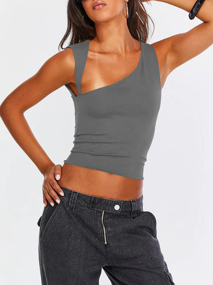 Tops- Women Sculpt Solid Stretchy One-Shoulder Fitted Top- Charcoal grey- Chuzko Women Clothing