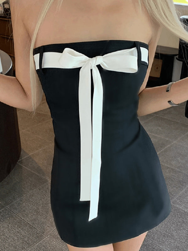 Tube Dresses- A-Line Mini Strapless Tube Dress with Bow-Tie- Chuzko Women Clothing