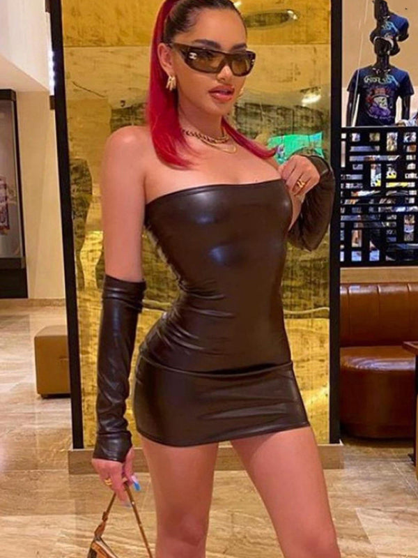 Tube Dresses- Clubbing Strapless Tube Mini Dress in Faux Leather with Gloves- Chuzko Women Clothing