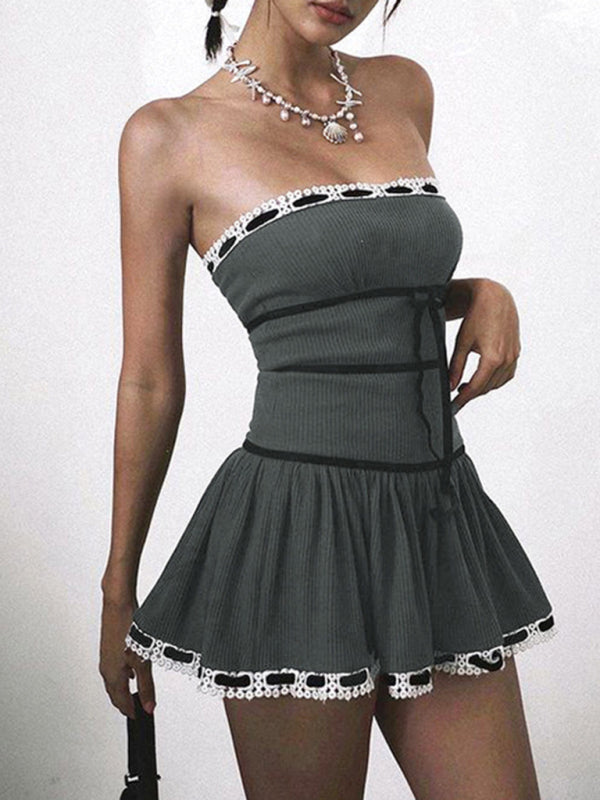 Trägerloses Schlauch-Minikleid aus gerippter Baumwolle mit kontrastierender Spitze