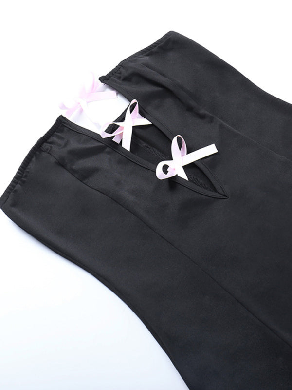 Tube Dresses- Strapless Tube Mini Dress with Contrasting Lace-up Bow- Chuzko Women Clothing