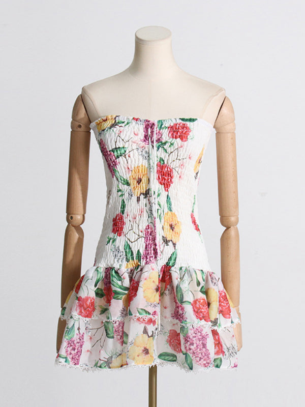 Vacation Floral Strapless Tube Mini Dress with Tiered Ruffles