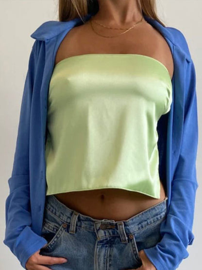 Tube Tops- Luxe Satin Strapless Tube Top in Backless- Green- Chuzko Women Clothing