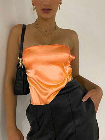 Tube Tops- Luxe Satin Strapless Tube Top in Backless- Orange- Chuzko Women Clothing