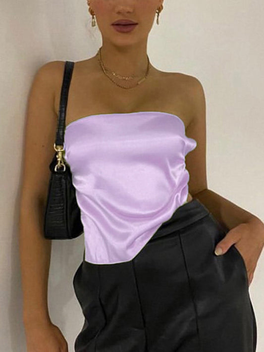 Tube Tops- Luxe Satin Strapless Tube Top in Backless- Purple- Chuzko Women Clothing
