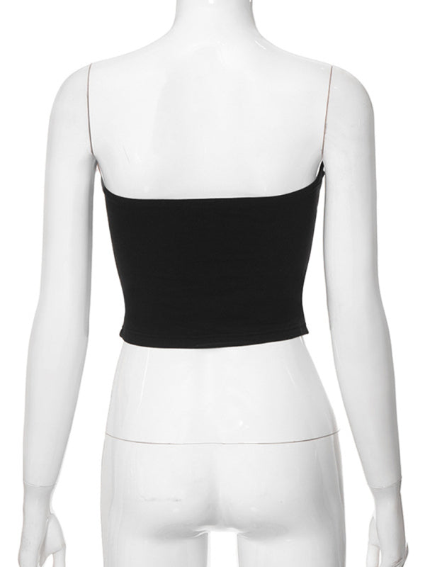 Tube Tops- Solid Strapless Tube Crop Top with Contrast Bowknot- Chuzko Women Clothing