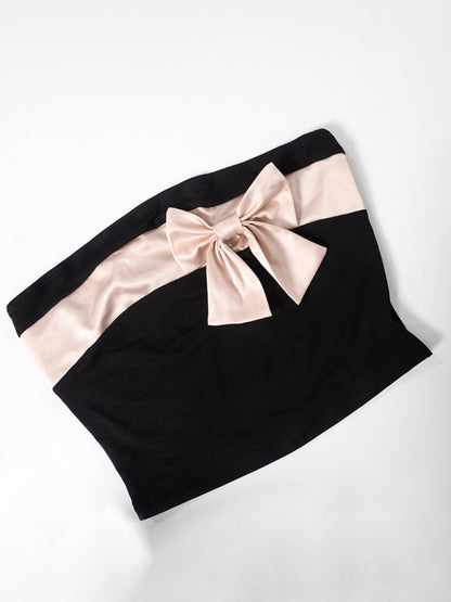 Tube Tops- Solid Strapless Tube Crop Top with Contrast Bowknot- Chuzko Women Clothing