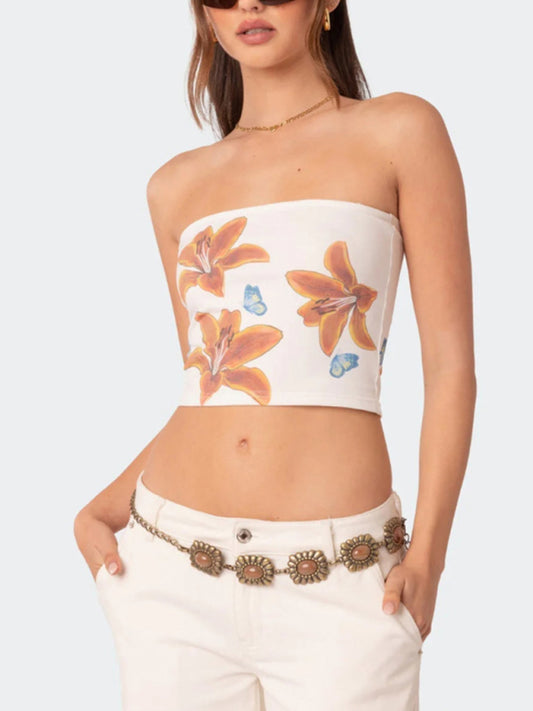 Tube Tops- Women's Fitted Floral Print Tube Crop Top for Summer- White- Chuzko Women Clothing