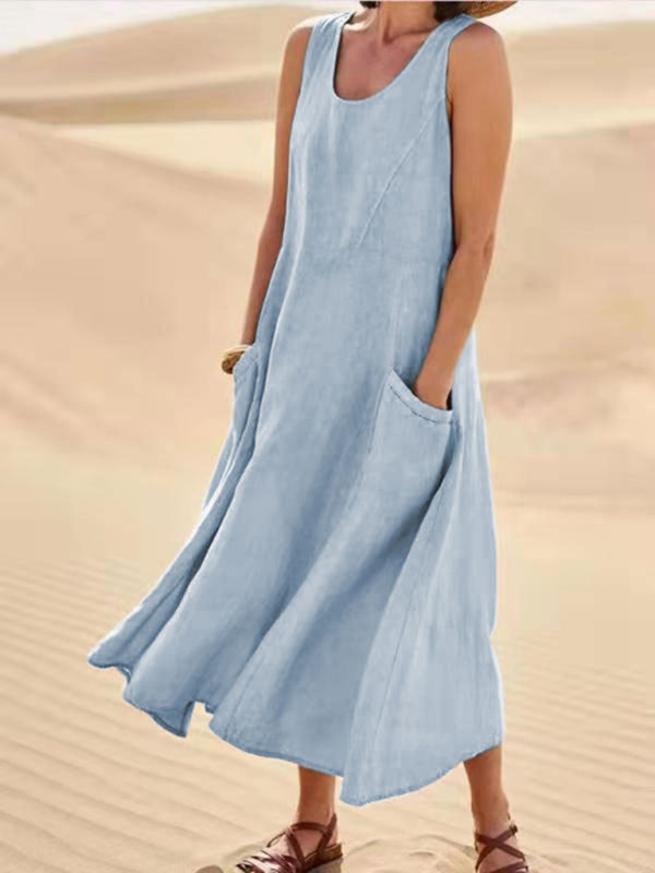 Tunic Dresses- Cotton Linen Tunic | Sleeveless Summer Dress- Chuzko Women Clothing