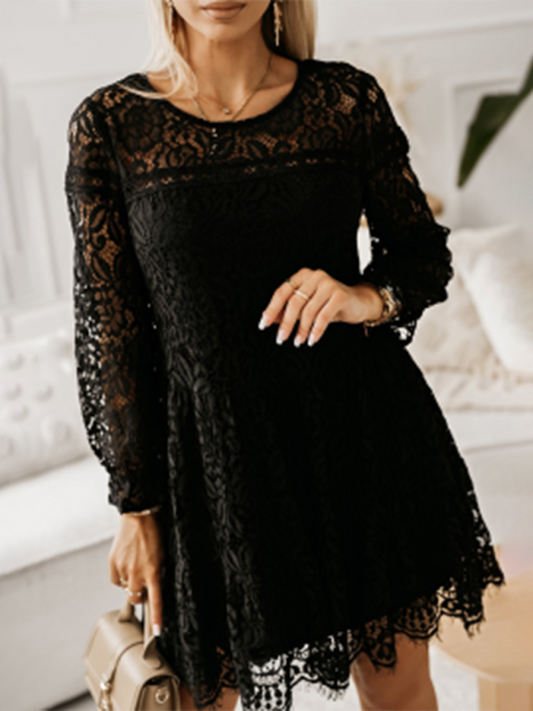 Tunic Dresses- Elegant Long-Sleeved Cocktail Lace Tunic Mini Dress- Chuzko Women Clothing