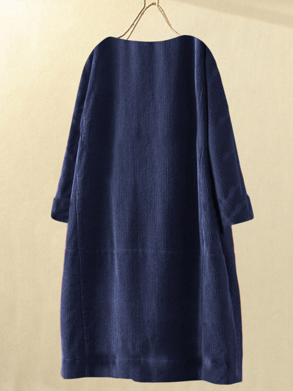 Tunic Dresses- Essential Oversized Corduroy Tunic Dress with 3/4 Sleeves- Chuzko Women Clothing