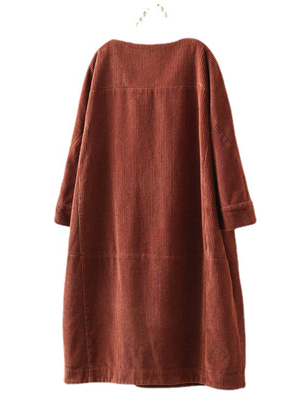 Tunic Dresses- Essential Oversized Corduroy Tunic Dress with 3/4 Sleeves- Chuzko Women Clothing