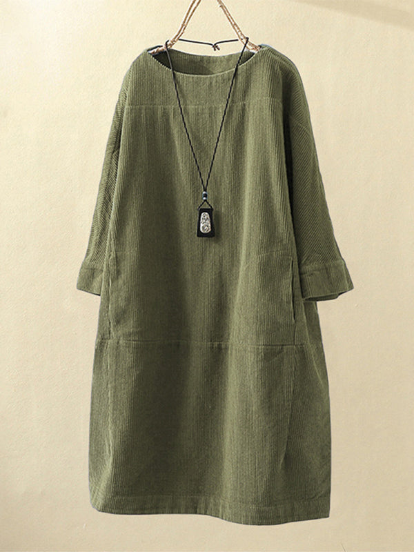 Tunic Dresses- Essential Oversized Corduroy Tunic Dress with 3/4 Sleeves- Chuzko Women Clothing