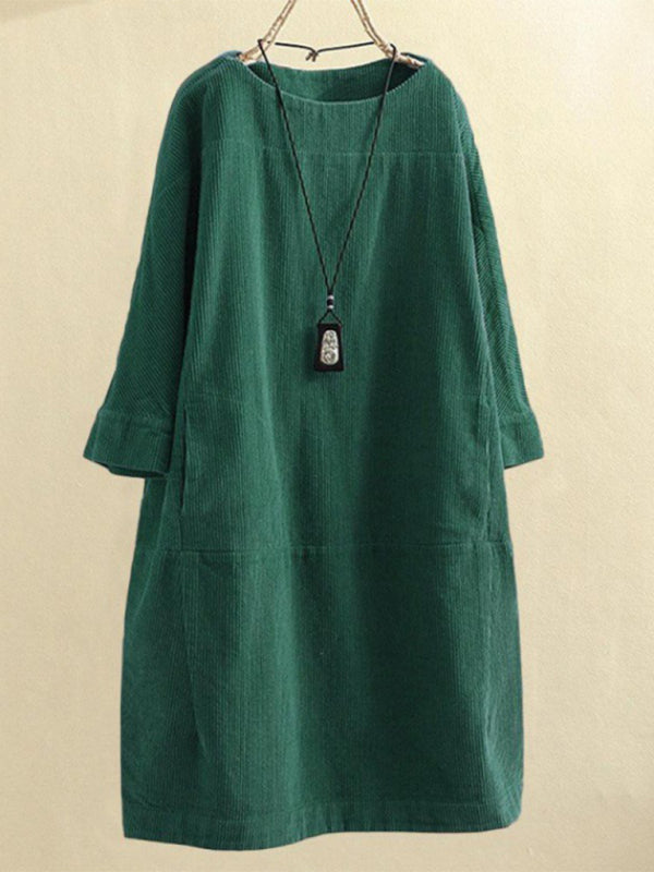 Tunic Dresses- Essential Oversized Corduroy Tunic Dress with 3/4 Sleeves- Chuzko Women Clothing