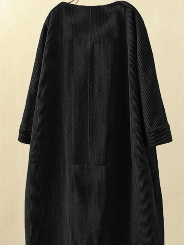 Tunic Dresses- Essential Oversized Corduroy Tunic Dress with 3/4 Sleeves- Chuzko Women Clothing