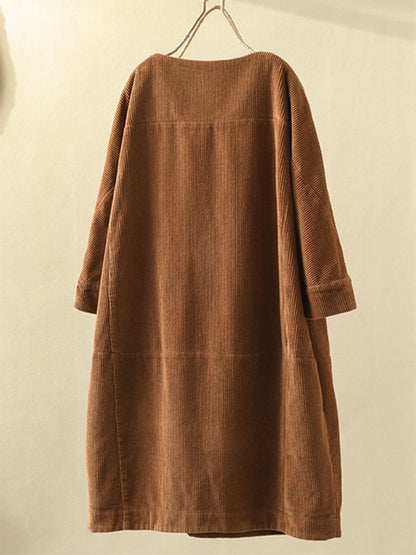 Tunic Dresses- Essential Oversized Corduroy Tunic Dress with 3/4 Sleeves- Chuzko Women Clothing