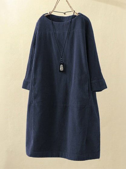 Tunic Dresses- Essential Oversized Corduroy Tunic Dress with 3/4 Sleeves- Chuzko Women Clothing