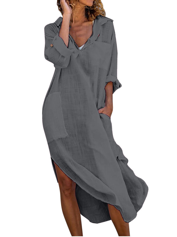 Tunic Dresses- Essential Solid Cotton Tunic Shirt Dress with Roll-Up Sleeves- Chuzko Women Clothing