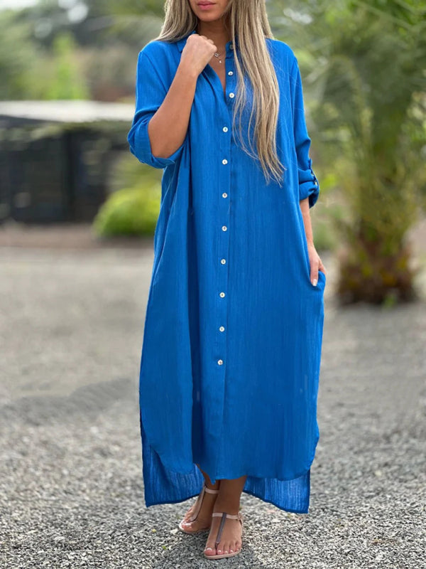 Tunic Dresses- Essential Summer Loose Tunic Shirt Dress in Cotton with Roll-Up Sleeves- Chuzko Women Clothing