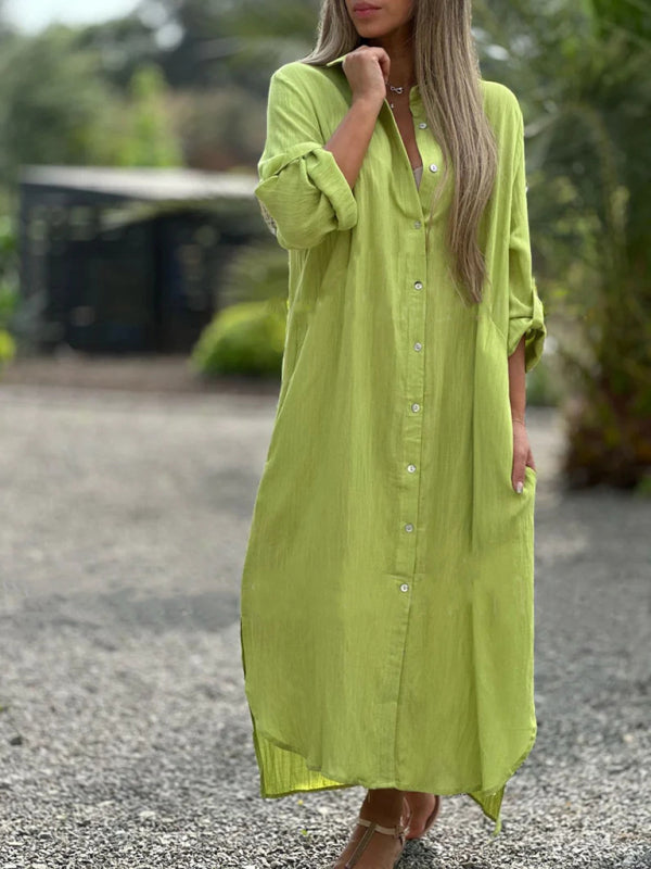 Tunic Dresses- Essential Summer Loose Tunic Shirt Dress in Cotton with Roll-Up Sleeves- Chuzko Women Clothing