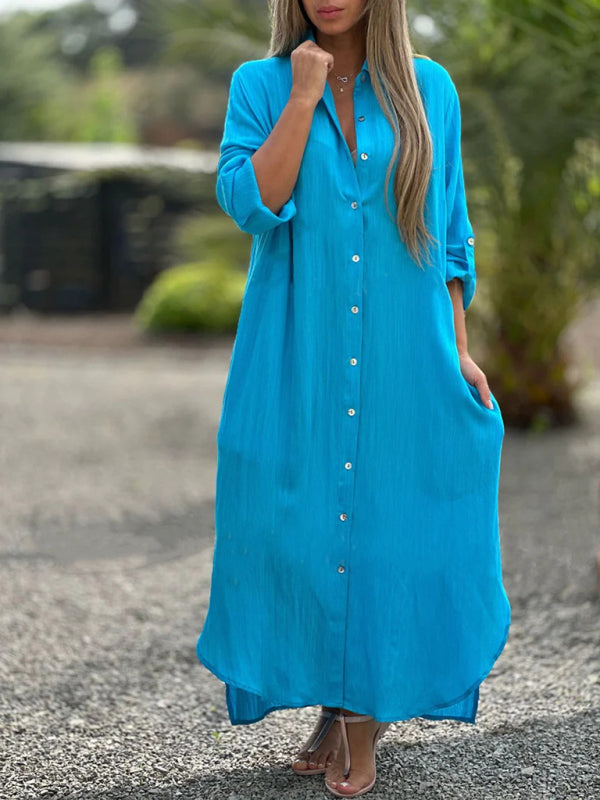 Tunic Dresses- Essential Summer Loose Tunic Shirt Dress in Cotton with Roll-Up Sleeves- Chuzko Women Clothing