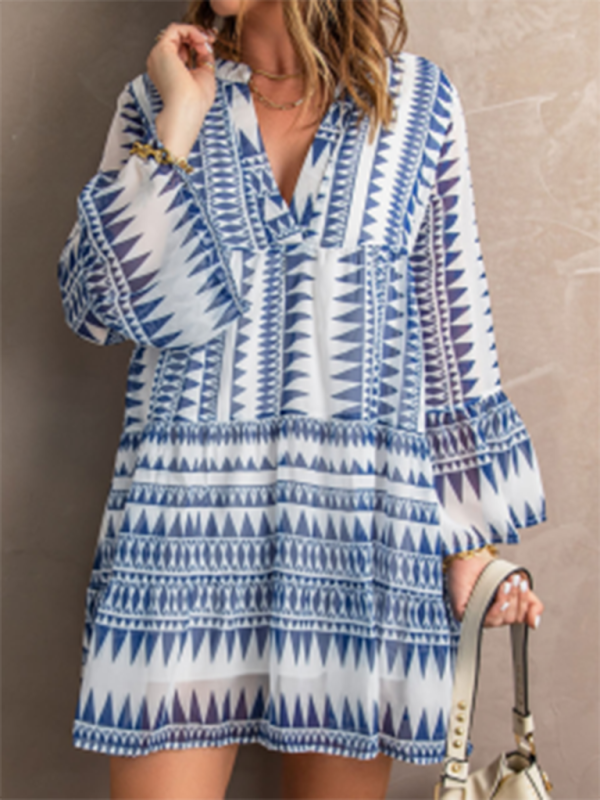 Tunic Dresses- Geo Print V-Neck Summer Tunic Dress with Lantern Sleeves- Chuzko Women Clothing