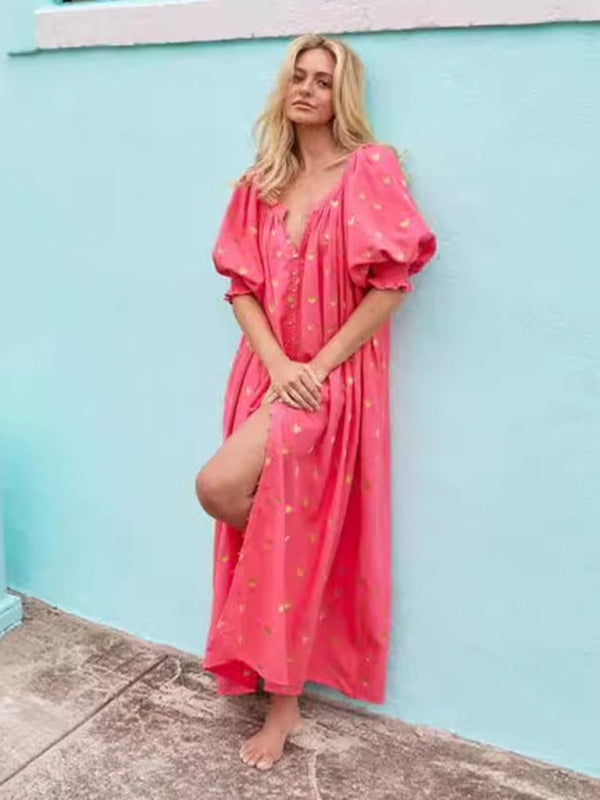 Loose-Fit Printed Maxi Tunic Dress with Balloon Sleeves and Belted Waist