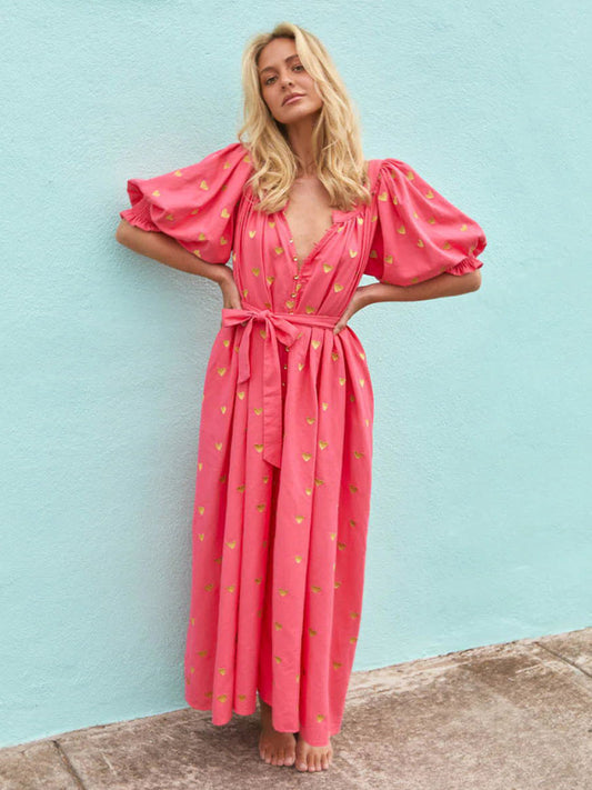Loose-Fit Printed Maxi Tunic Dress with Balloon Sleeves and Belted Waist