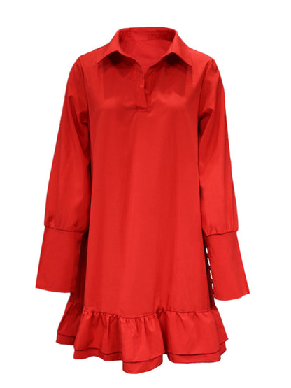 Tunic Dresses- Ruffle Hem Tunic Solid Collared Dress with Long Sleeves- Chuzko Women Clothing