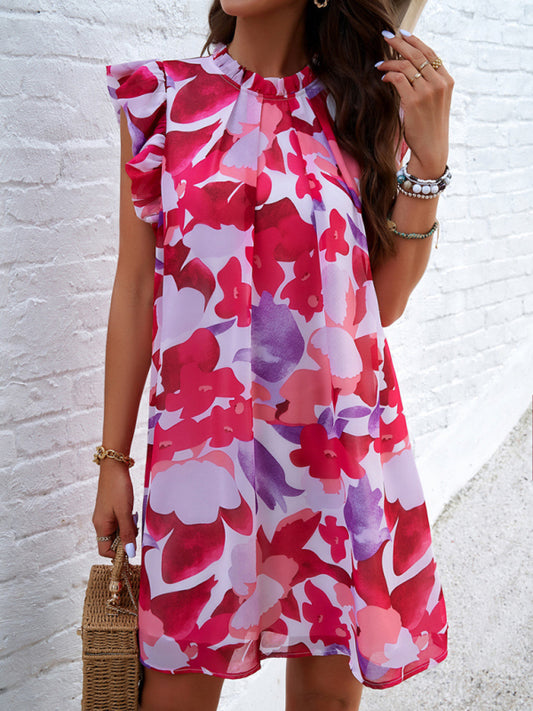 Tunic Dresses- Summer Print Sleeveless Tunic Sundress with Frill Accents- Red- Chuzko Women Clothing