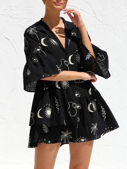 Tunic Dresses- Summer Print Tunic Dress with 3/4 Sleeves in Layered Design- Black- Chuzko Women Clothing