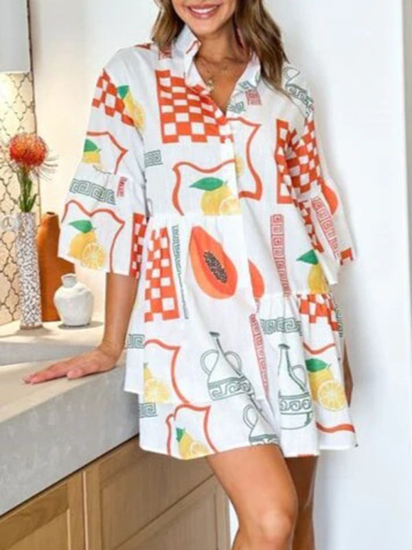 Tunic Dresses- Summer Print Tunic Dress with 3/4 Sleeves in Layered Design- White- Chuzko Women Clothing