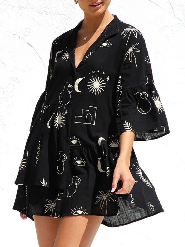 Tunic Dresses- Summer Print Tunic Dress with 3/4 Sleeves in Layered Design- - Chuzko Women Clothing