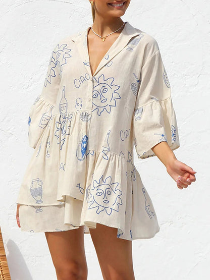 Tunic Dresses- Summer Print Tunic Dress with 3/4 Sleeves in Layered Design- Cracker khaki- Chuzko Women Clothing