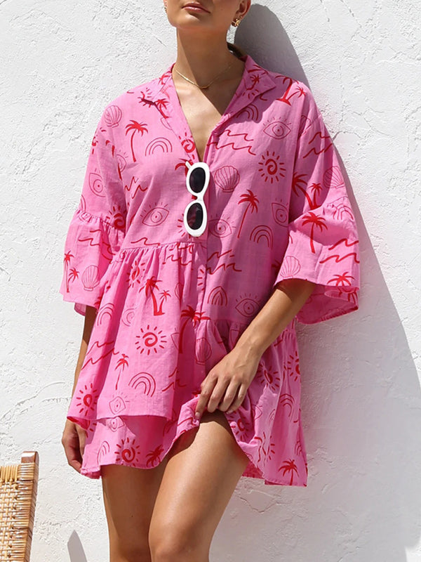 Tunic Dresses- Summer Print Tunic Dress with 3/4 Sleeves in Layered Design- - Chuzko Women Clothing