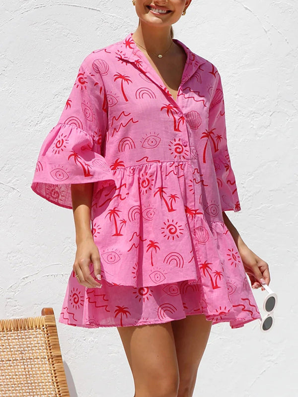 Tunic Dresses- Summer Print Tunic Dress with 3/4 Sleeves in Layered Design- Rose- Chuzko Women Clothing