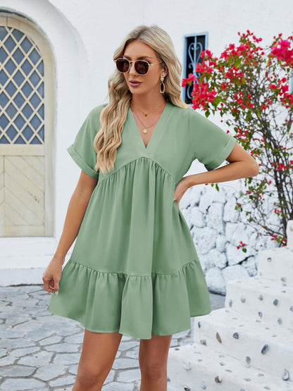 Tunic Dresses- Tunic Style Short Sleeve V-Neck Dress for Summer- Chuzko Women Clothing