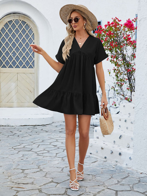 Tunic Dresses- Tunic Style Short Sleeve V-Neck Dress for Summer- Chuzko Women Clothing