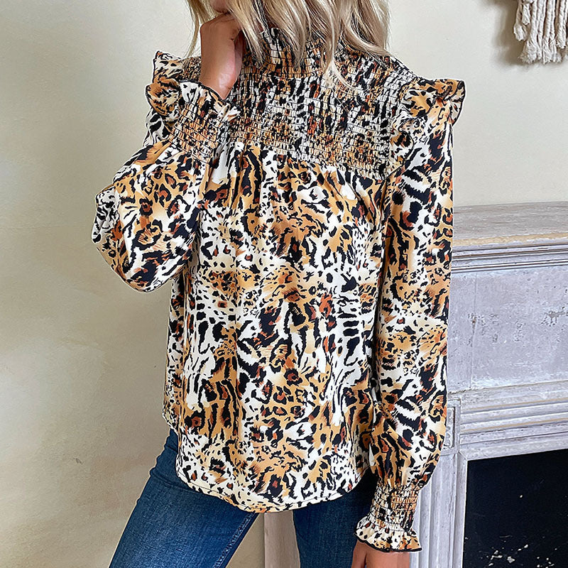 Animal Print Lantern Sleeve Blouse with Ruffle & Shirred Accents Blouses - Chuzko Women Clothing